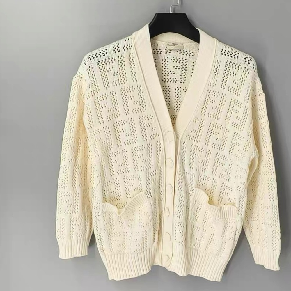 Authentic Fendi Cream Open-Knit Cardigan